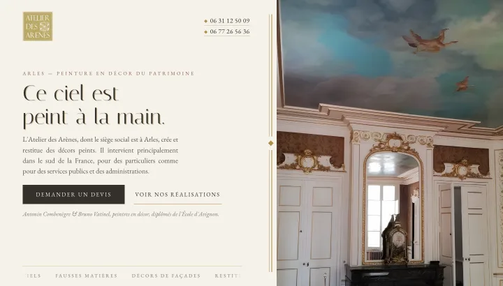 Site en cours de livraison : premier écran du site conçu pour l’Atelier des Arènes, peintres en décor du patrimoine.