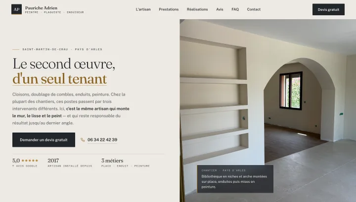 Site livré : premier écran du site conçu pour Pauriche Adrien, peinture, plaquisterie & enduits.