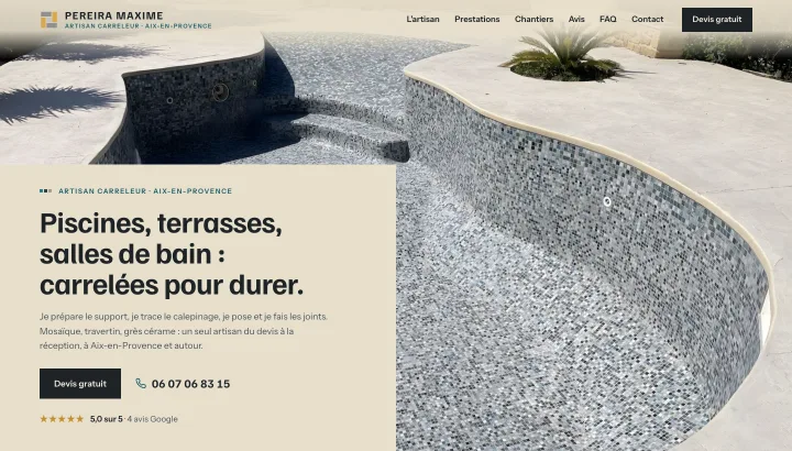Démonstration : premier écran du site conçu pour Pereira Carrelage, carrelage & piscines.
