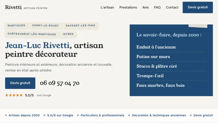 Site livré : premier écran du site conçu pour Jean-Luc Rivetti, peinture & décoration.