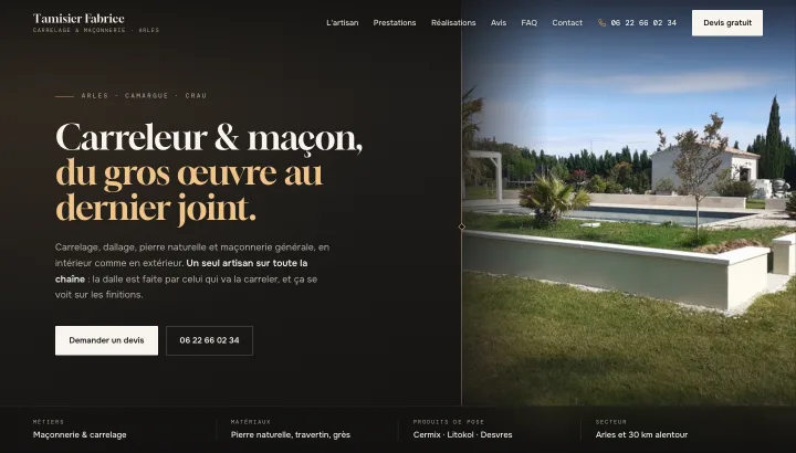 Démonstration : premier écran du site conçu pour Tamisier Fabrice, carreleur & maçon.